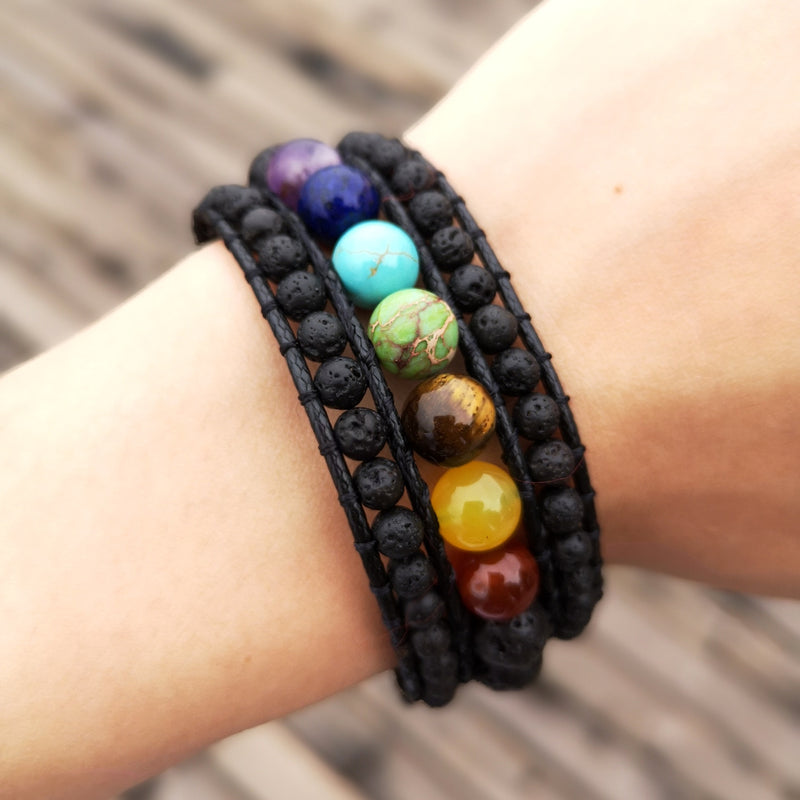 Mixed Color Natural Stone Chakra Heart Charm Bracelet