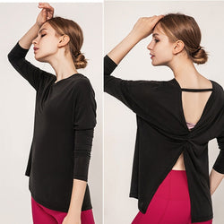 Fashion Women Long Sleeve Twisted Open Back Loose Tops Casual Shirt Blouse  Open Back Twisted Tops Blouse 